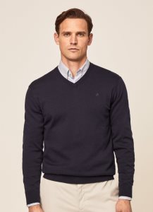 Hackett V-neck Bomull Jersey Stickat Herr Marinblå | GTVOQA-421