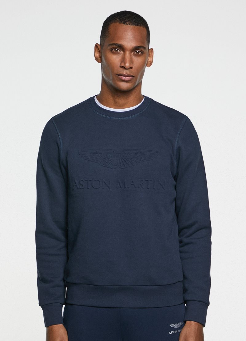 Hackett Amr Embossed Crew Neck Bomull Jumber Tröjor Herr Marinblå | LMDKHF-018