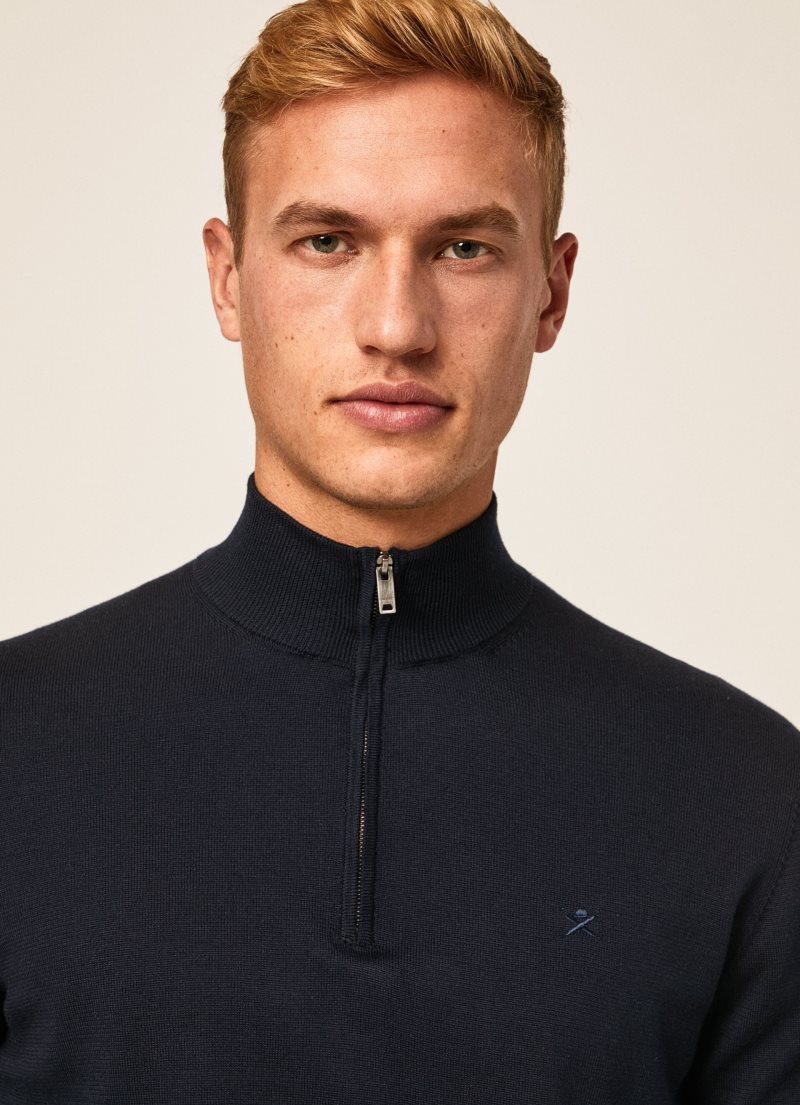 Hackett Half-zip Bomull Jersey Stickat Herr Marinblå | SFGNUQ-325