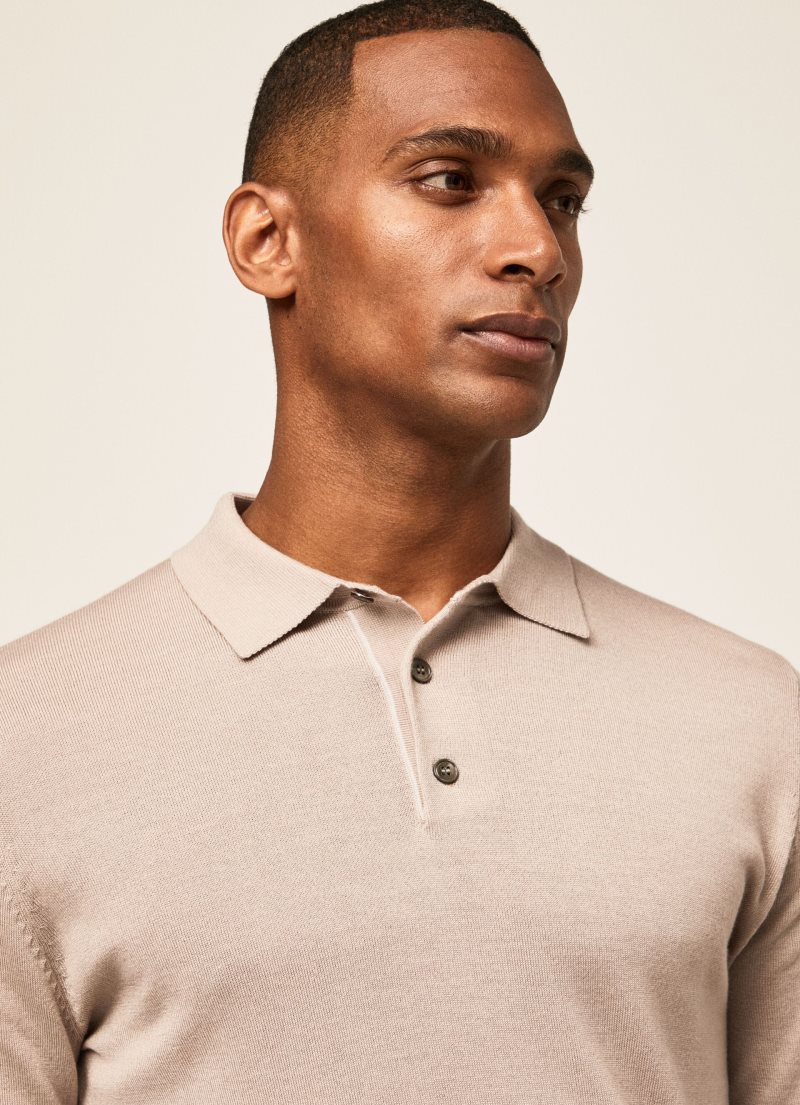 Hackett Merino Ull Silk Long-sleeve Polo Stickat Herr Grå Bruna | NYPTQI-704