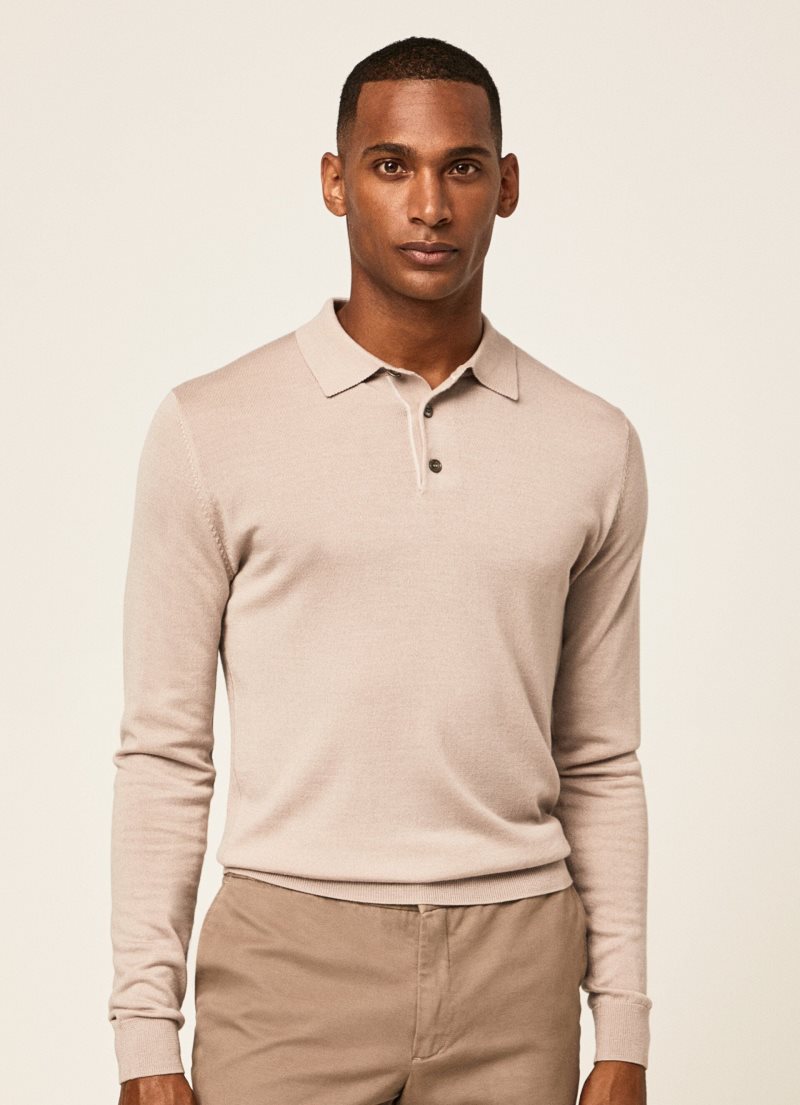 Hackett Merino Ull Silk Long-sleeve Polo Stickat Herr Grå Bruna | NYPTQI-704