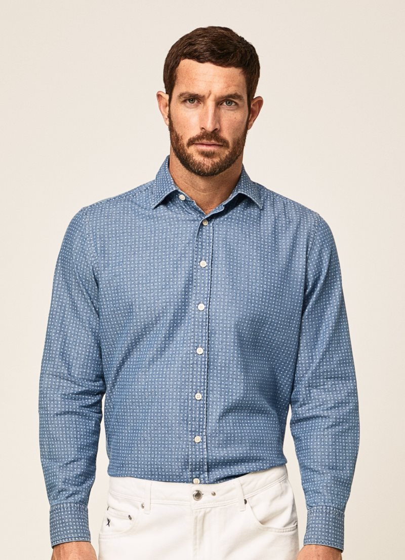 Hackett Printed Bomull Skjorta Herr Indigo | BPFKHV-476