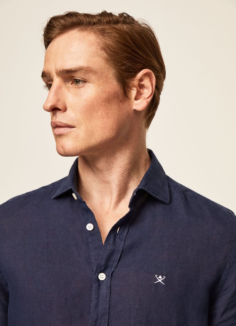 Hackett Slim Fit Linen Skjorta Herr Marinblå | MXKUTB-863