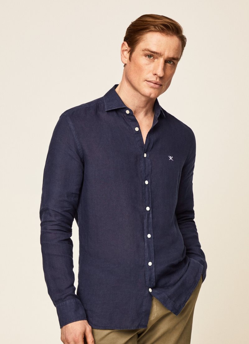 Hackett Slim Fit Linen Skjorta Herr Marinblå | MXKUTB-863