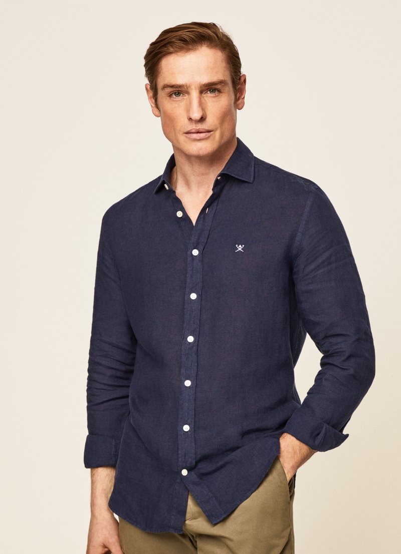 Hackett Slim Fit Linen Skjorta Herr Marinblå | MXKUTB-863