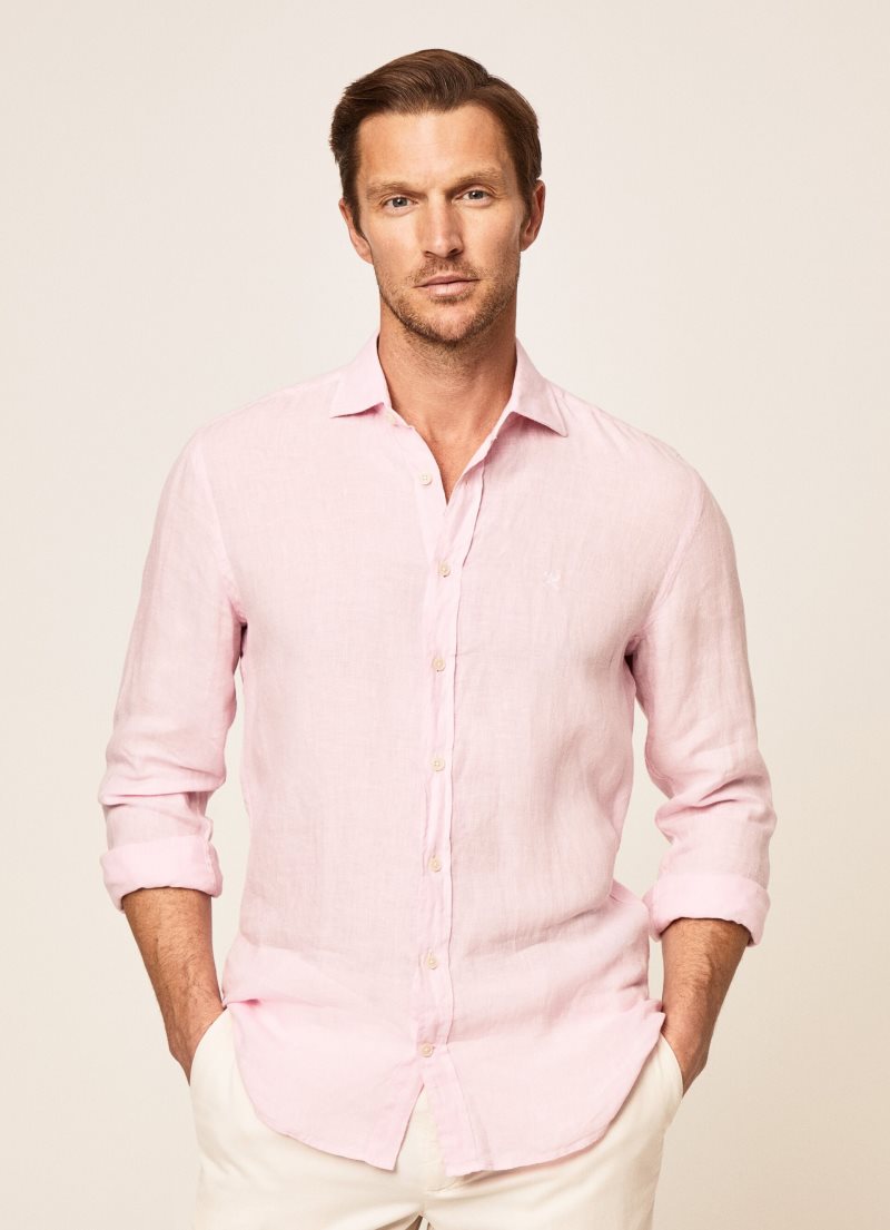 Hackett Slim Fit Linen Skjorta Herr Rosa | DRLSKJ-917