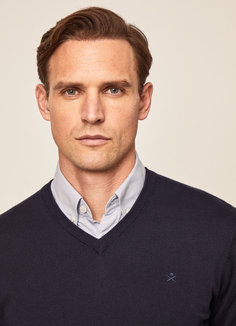 Hackett V-neck Bomull Jersey Stickat Herr Marinblå | GTVOQA-421