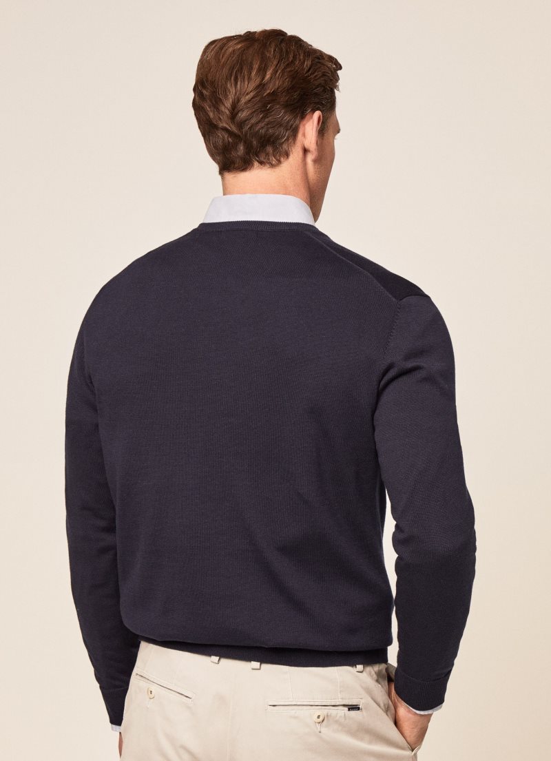 Hackett V-neck Bomull Jersey Stickat Herr Marinblå | GTVOQA-421