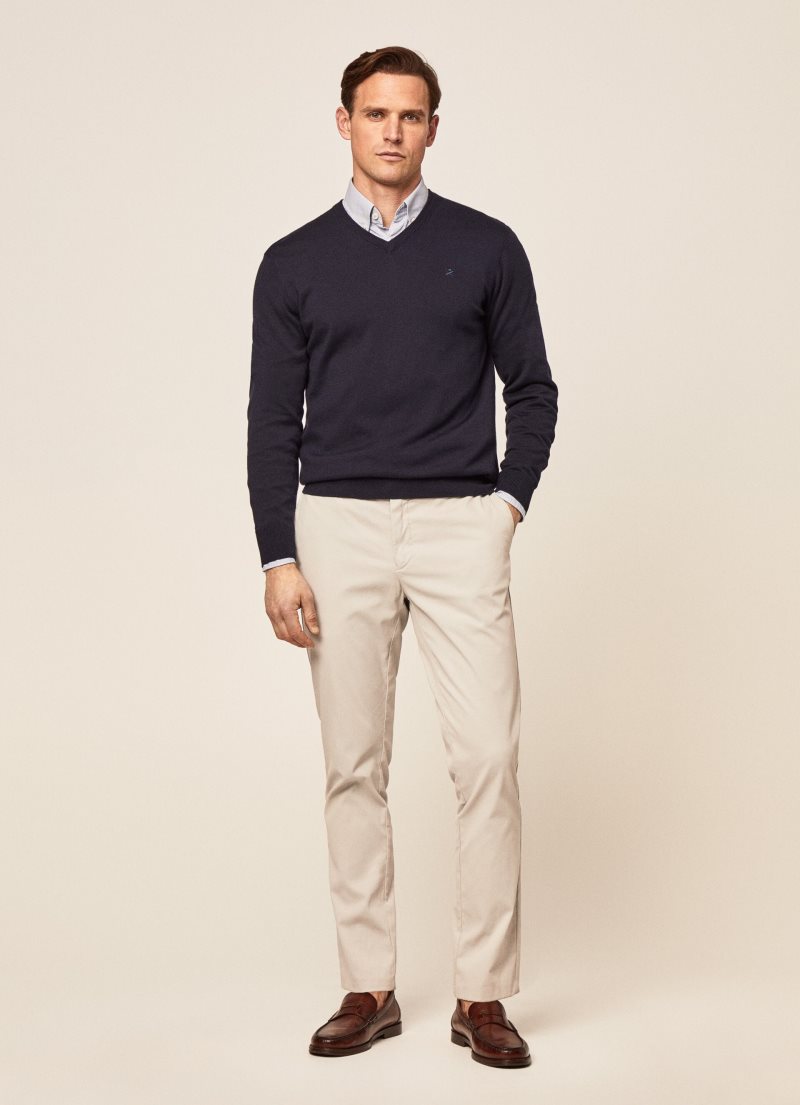 Hackett V-neck Bomull Jersey Stickat Herr Marinblå | GTVOQA-421