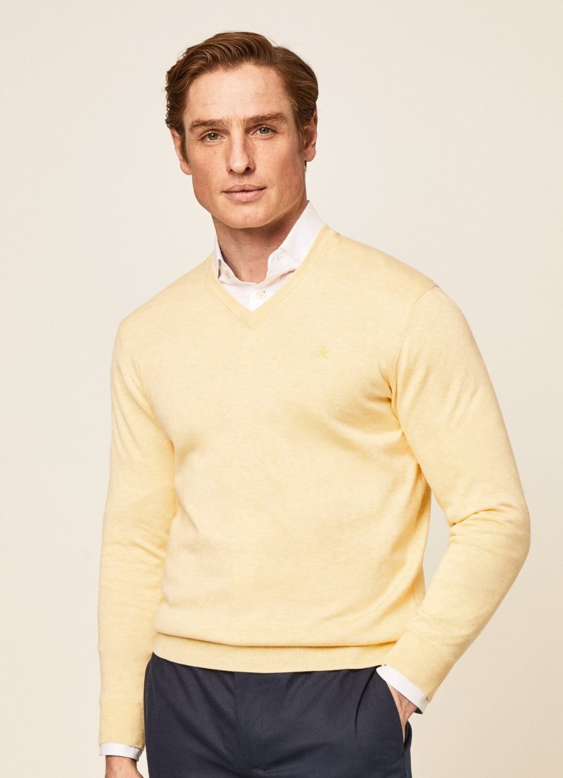 Hackett V-neck Bomull Jersey Stickat Herr Ljusgula | LWIJDF-859