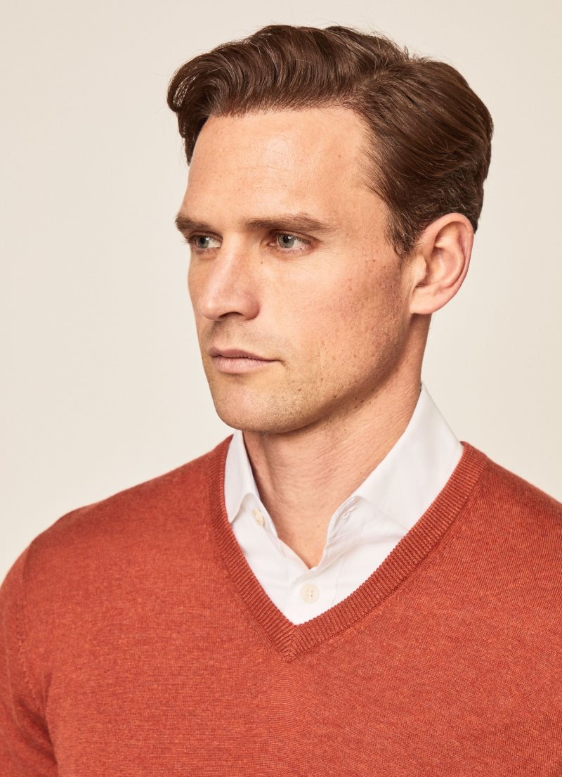 Hackett V-neck Bomull Jersey Stickat Herr Orange | MLHUKV-869