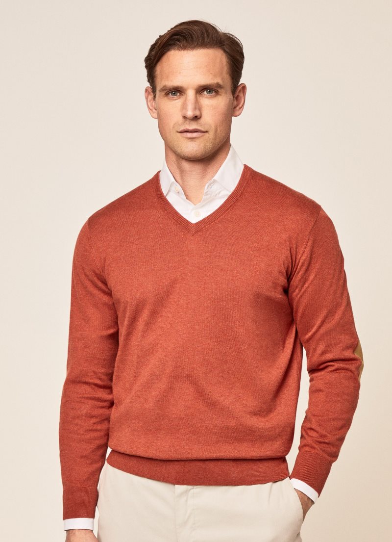 Hackett V-neck Bomull Jersey Stickat Herr Orange | MLHUKV-869